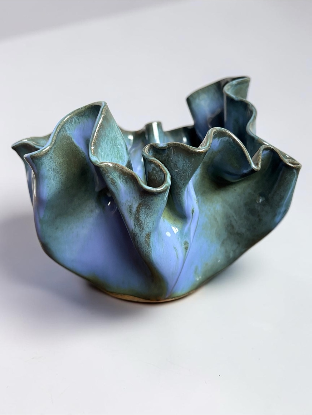 Studio Made Blue Green Ceramic Meteor Bowl Wavy Form Artist Signed Petke 7”